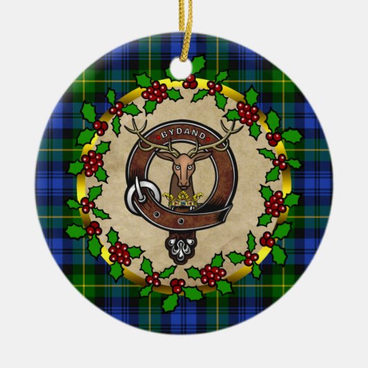 ゴードンクランバッジ&タータンチェックパーソナライズされたクリスマス セラミックオーナメント (正面)