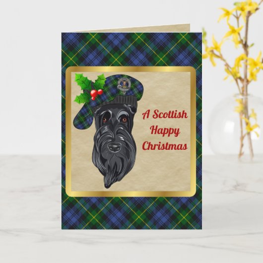 ゴードンバッジ&タータンチェックパーソナライズされたクリスマス カード (黄色い花)