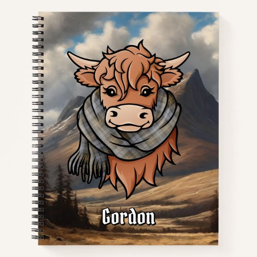 ゴードン風化されたタータンチェックスカーフ付きハイランド牛 ノートブック (正面)
