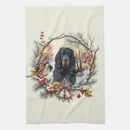 ゴードン・セッターのクリスマスの喜び - 季節の犬の絵 キッチンタオル (縦)