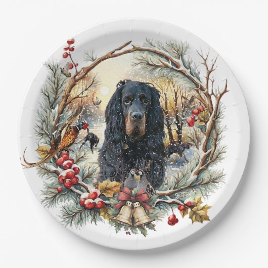 ゴードン・セッターのクリスマスの喜び - 季節の犬の絵 ペーパープレート (正面)