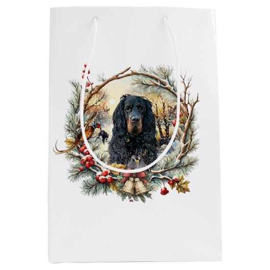 ゴードン・セッターのクリスマスの喜び - 季節の犬の絵 ミディアムペーパーバッグ (正面)