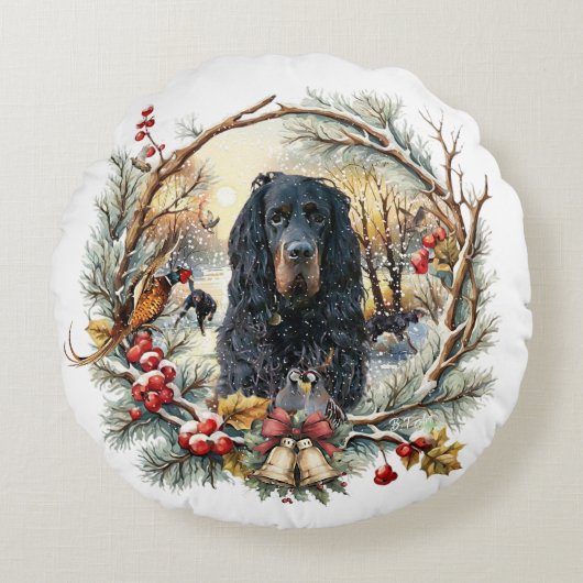 ゴードン・セッターのクリスマスの喜び - 季節の犬の絵 ラウンドクッション (正面)