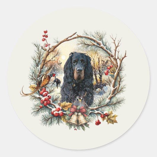 ゴードン・セッターのクリスマスの喜び - 季節の犬の絵 ラウンドシール (正面)