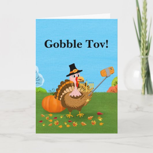 ゴーブル・トーブ!感謝祭の七面鳥がメノーラと一緒にセルフィー カード (正面)
