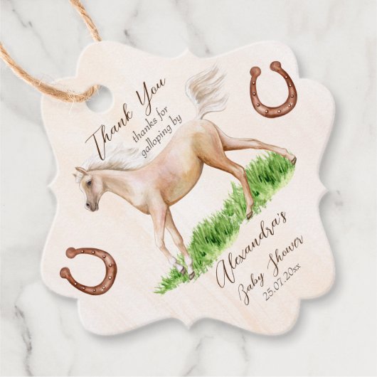 ゴーベビーランニングのベージュの馬のフォール赤ちゃんシャワー フェイバータグ (正面)