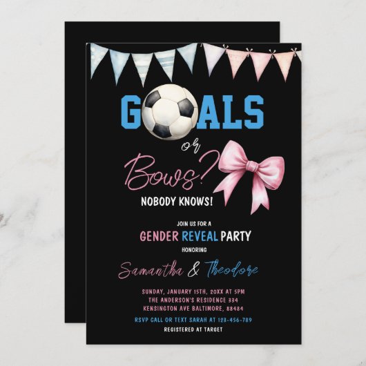 ゴールまたはボウズ男の子または女の子サッカー性別の明け 招待状 (正面/裏面)