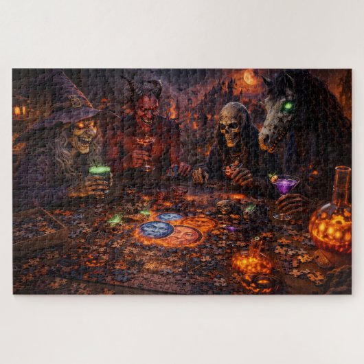 ゴールを目指して出かける夜の不気味な魔女とスケルトンのファンタジー j ジグソーパズル (横)