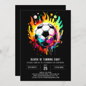 ゴールカラフル水彩色サッカー誕生日 招待状 (正面/裏面)