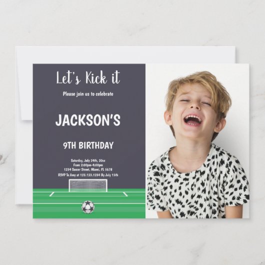 ゴールサッカー誕生日招待状（写真付） 招待状 (正面)
