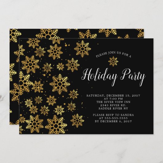 ゴールデエレガントンスノーフレークズホリデーパーティ招待状 招待状 (正面/裏面)