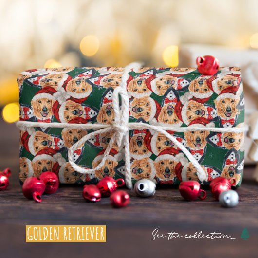 ゴールデンおもしろいレトリエバーサンタハットクリスマスパターン ラッピングペーパー