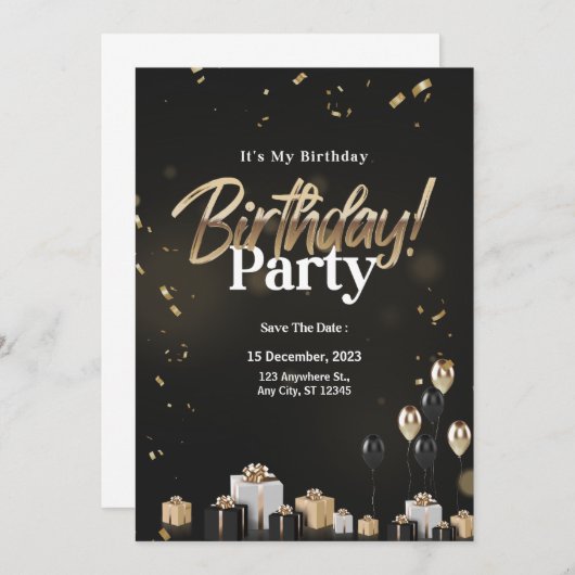 ゴールデンお祝いブラック&金ゴールド誕生日 招待状 (正面/裏面)