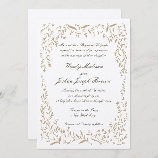 ゴールデンつる植物フレーム結婚式招待状 招待状 (正面/裏面)