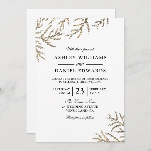 ゴールデンつる植物リーフ結婚式招待状 招待状 (正面/裏面)
