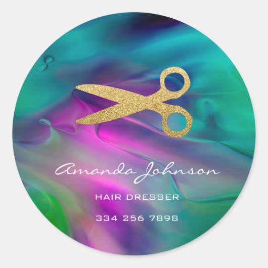 ゴールデンはさみロゴヘアドレッサースタイリストグリーン ラウンドシール (正面)