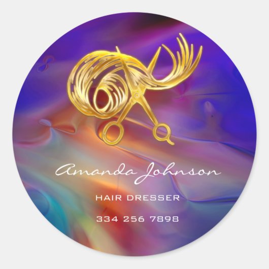 ゴールデンはさみロゴヘアドレッサースタイリストブルー ラウンドシール (正面)