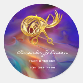 ゴールデンはさみロゴヘアドレッサースタイリストブルー ラウンドシール