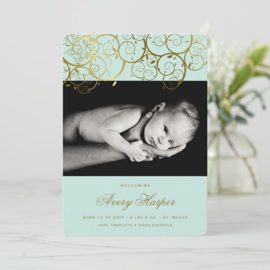 ゴールデンらせん状男の赤ちゃん写真誕生発表 案内状 (スタンド正面)