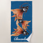 ゴールデンアイシュールレアル金魚ファンタジーアートAny Color ビーチタオル (正面)