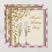 ゴールデンアイボリーウーマン ピンクゴールドクリーム バースデー 招待状 (正面/裏面)