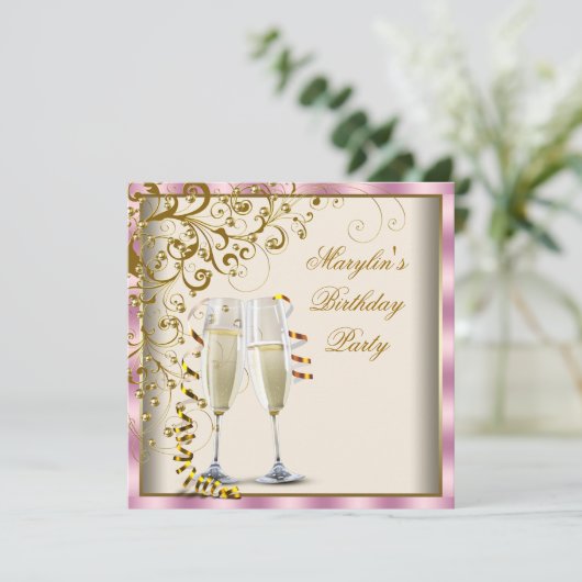 ゴールデンアイボリーウーマン ピンクゴールドクリーム バースデー 招待状 (スタンド正面)