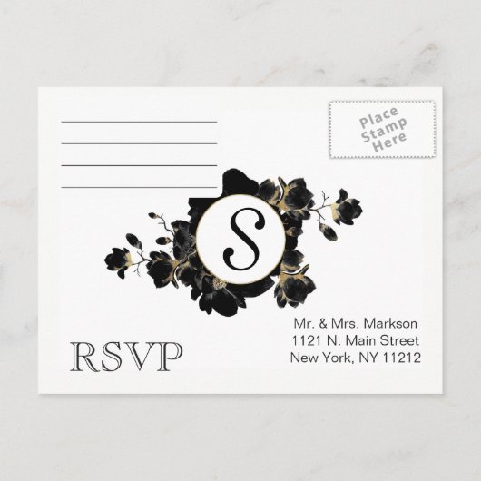 ゴールデンアクセント付きブラックフローラRSVPポストカード インビテーションポストカード (裏面)