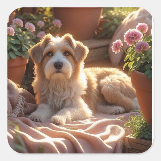 ゴールデンアワーガーデンドッグ – 居心地の良いペットメモリシーン スクエアシール (正面)