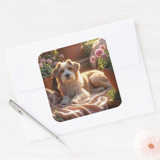 ゴールデンアワーガーデンドッグ – 居心地の良いペットメモリシーン スクエアシール (封筒)