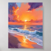 ゴールデンアワー オレンジ 日没 ビーチ 海の絵画 ポスター (正面)