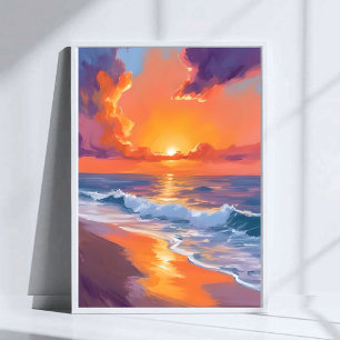 ゴールデンアワー オレンジ 日没 ビーチ 海の絵画 ポスター