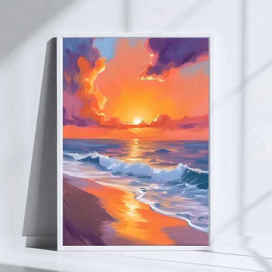 ゴールデンアワー オレンジ 日没 ビーチ 海の絵画 ポスター