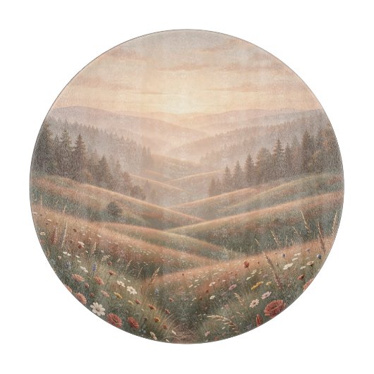 ゴールデンアワー+野の花の草原+なだらかな丘陵+サンセット カッティングボード (正面)