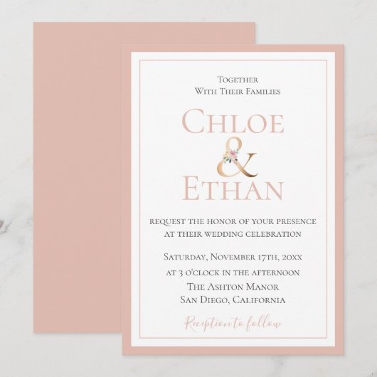 ゴールデンアンパサンド ブラッシュ ウェディング インビテーション (正面/裏面)