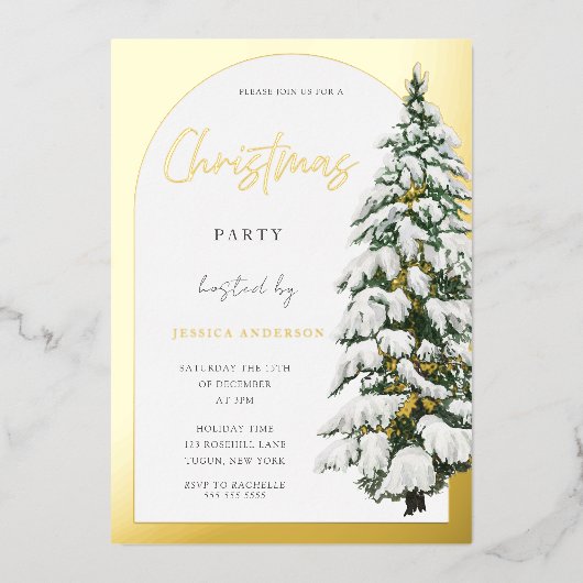 ゴールデンアーチホワイトスノーツリークリスマスパーティー金ゴールド 箔招待状 (正面)