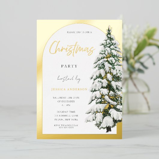 ゴールデンアーチホワイトスノーツリークリスマスパーティー金ゴールド 箔招待状 (立ち正面)