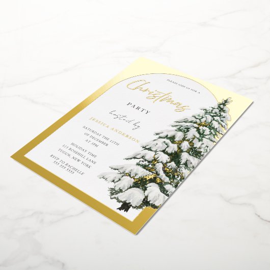 ゴールデンアーチホワイトスノーツリークリスマスパーティー金ゴールド 箔招待状 (回転した状態)