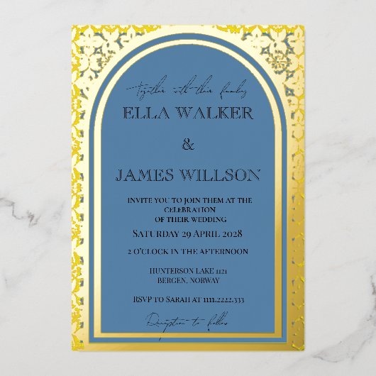 ゴールデンアーチリーガルイエロー&ダスティブルー(無地の) 箔招待状 (正面)