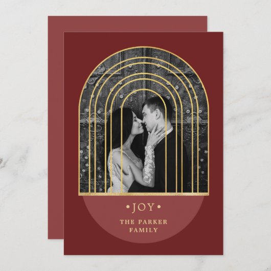 ゴールデンアーチ |ワインレッドのクリスマスフォト シーズンカード (正面/裏面)