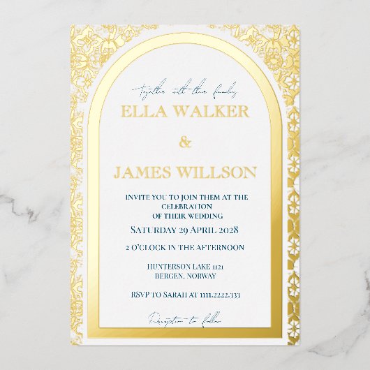 ゴールデンア結婚ーチレ無地のガル 箔招待状 (正面)