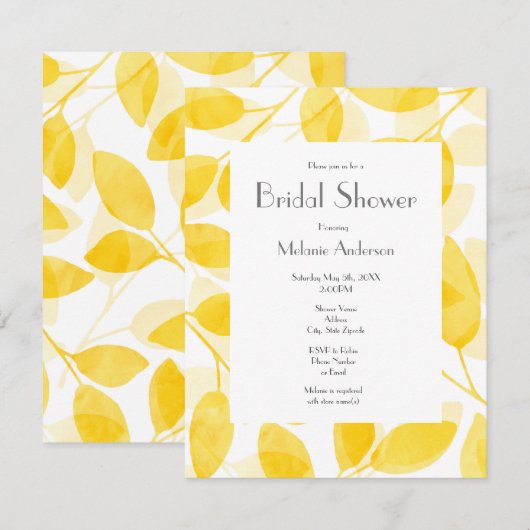 ゴールデンイエローの水彩画の葉 招待状 (正面/裏面)