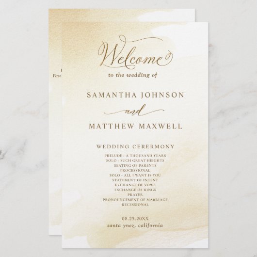 ゴールデンイエローウォッシュ、書道結婚式 プログラム (正面/裏面)