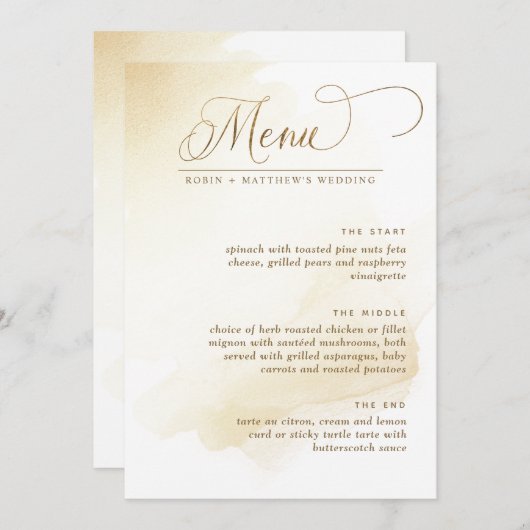 ゴールデンイエローウォーターカラーエレガントなウェディングメニュー メニュー (正面/裏面)