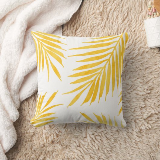 ゴールデンイエローウォーターカラーパームの葉 クッション (ブランケット)