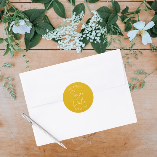 ゴールデンイエロースタイル化された結婚式の日付を保存 ラウンドシール