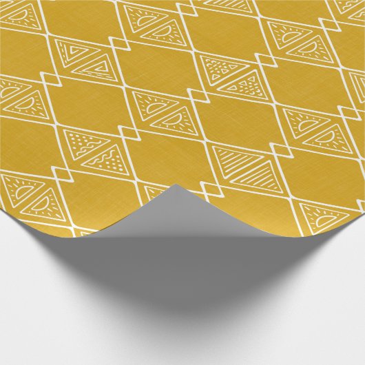 ゴールデンイエロートライバルマッドクロスインスパイアジオメトリ ラッピングペーパー (角)