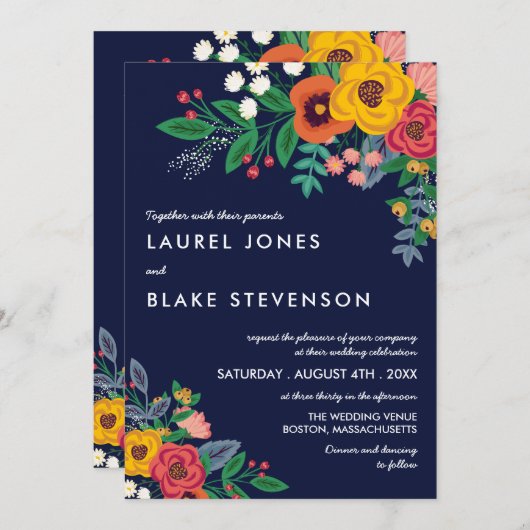 ゴールデンイエローネイビーブルーボヘミアンブーケ 招待状 (正面/裏面)
