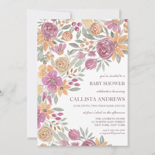 ゴールデンイエローピンクフローラ水彩赤ちゃんシャワー 招待状 (正面)