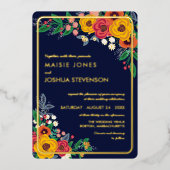 ゴールデンイエローフローラネイビーボホブーケ金ゴールド 箔招待状 (正面)