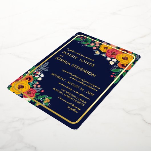 ゴールデンイエローフローラネイビーボホブーケ金ゴールド 箔招待状 (回転した状態)